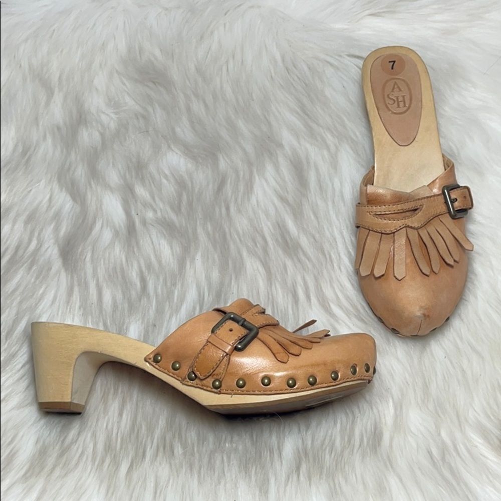 ASH Tan Leather Wood Platform Brogue Clogs…